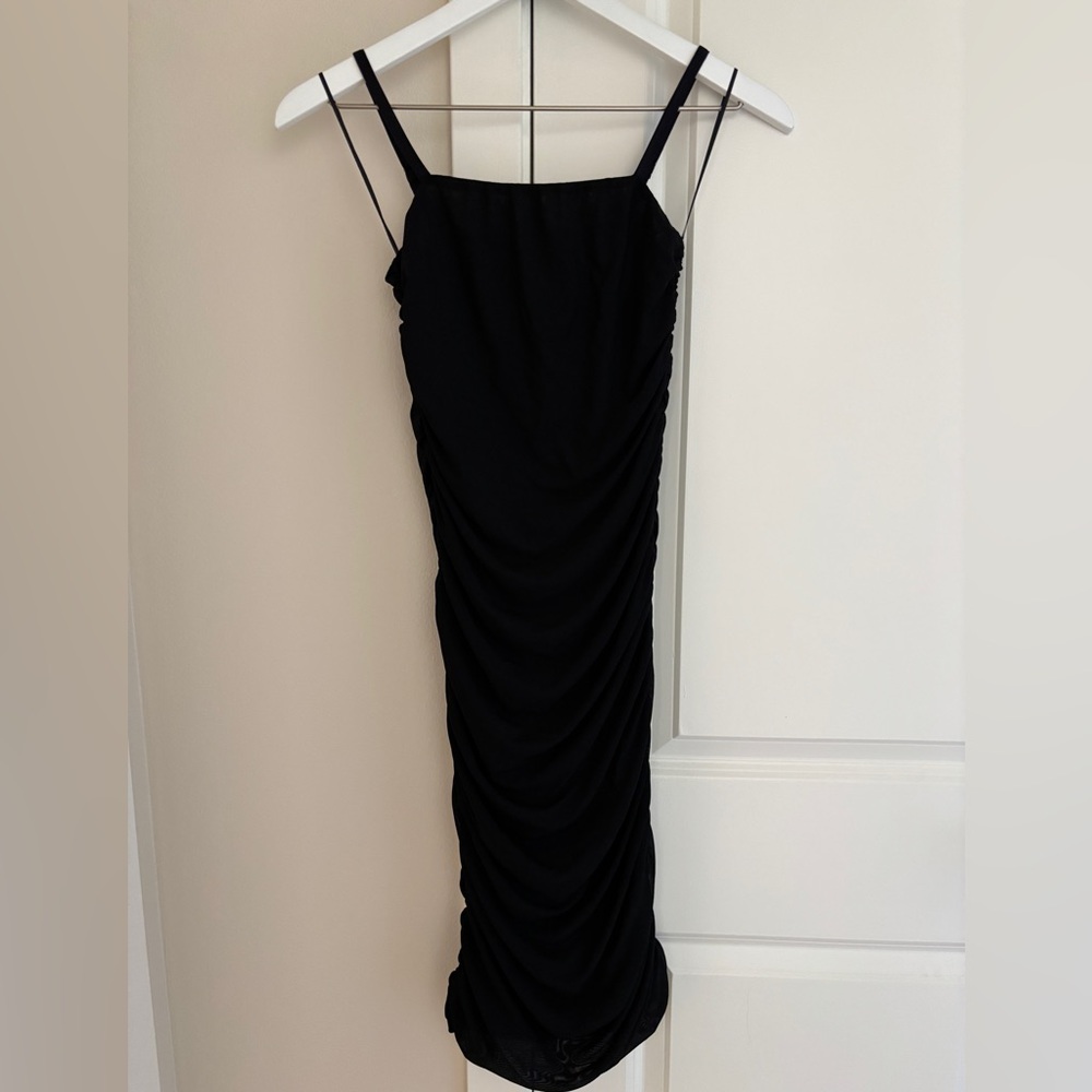 Zara Black Ruched Bodycon Dress, Adjustable Spaghetti Straps, Square Neck S